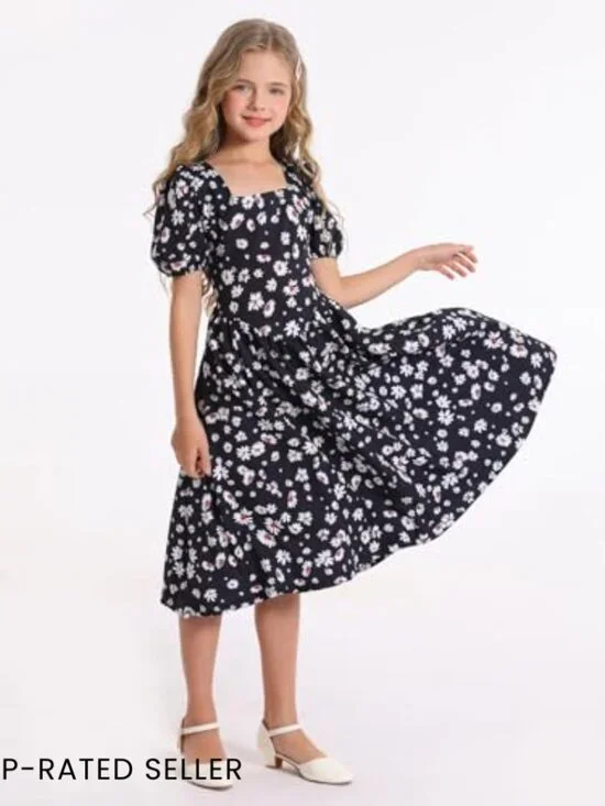 Puff Sleeve Floral Midi Dress Boho Chic Spring Summer Zipper Casual Elegant - Picture 2 of 7